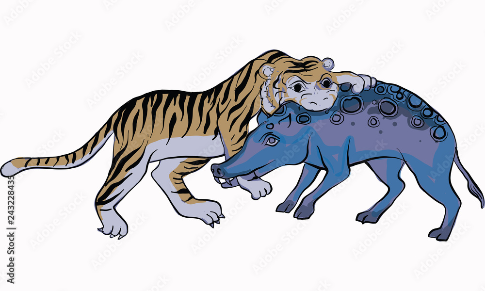 tiger fight with pig, Thai traditional painting, vector tiger fight with pig, Thai traditional painting, vector