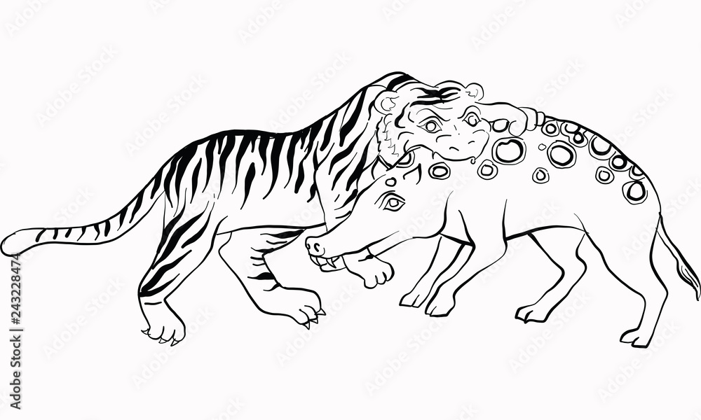 Fototapeta premium tiger fight with pig, Thai traditional painting, vector