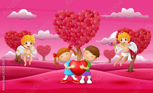 Cartoon child couple holding a big heart with cupid