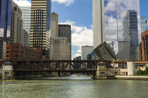 Down the Chicago River as the Summer sun shines into the city.  Chicago  Illinois  U.S.A