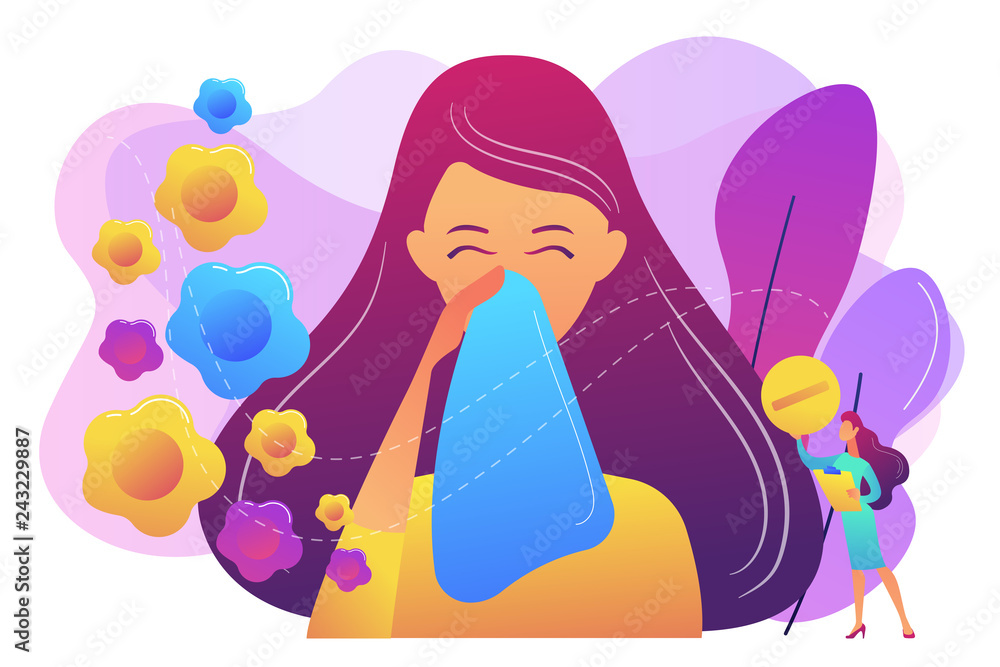 Female allergic to spring flowers sneezing and taking medicine. Seasonal allergy, seasonal allergy diagnosis, pollen allergy immunotherapy concept. Bright vibrant violet vector isolated illustration Female allergic to spring flowers sneezing and taking medicine. Seasonal allergy, seasonal allergy diagnosis, pollen allergy immunotherapy concept. Bright vibrant violet vector isolated illustration
