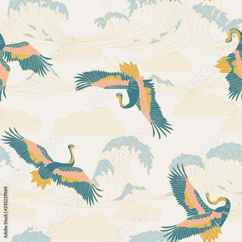 japanese storks in vintage style on white background. Oriental traditional painting. White stork. Japanese crane illustration. Japanese pattern.
