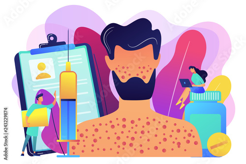 Doctors and male patient with rush on skin allergic to pills and a syringe. Drug allergy, triggers of drug allergies, allergy risk factors concept. Bright vibrant violet vector isolated illustration