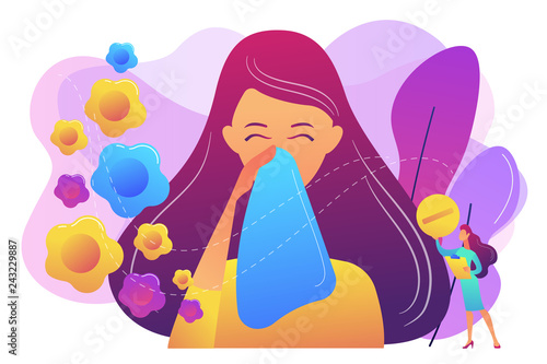 Female allergic to spring flowers sneezing and taking medicine. Seasonal allergy, seasonal allergy diagnosis, pollen allergy immunotherapy concept. Bright vibrant violet vector isolated illustration