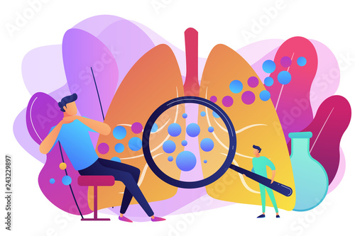 Male patient with anaphylactic symptoms and doctor with magnifier. Anaphylaxis, anaphylaxis shock treatment, allergic reaction help concept. Bright vibrant violet vector isolated illustration