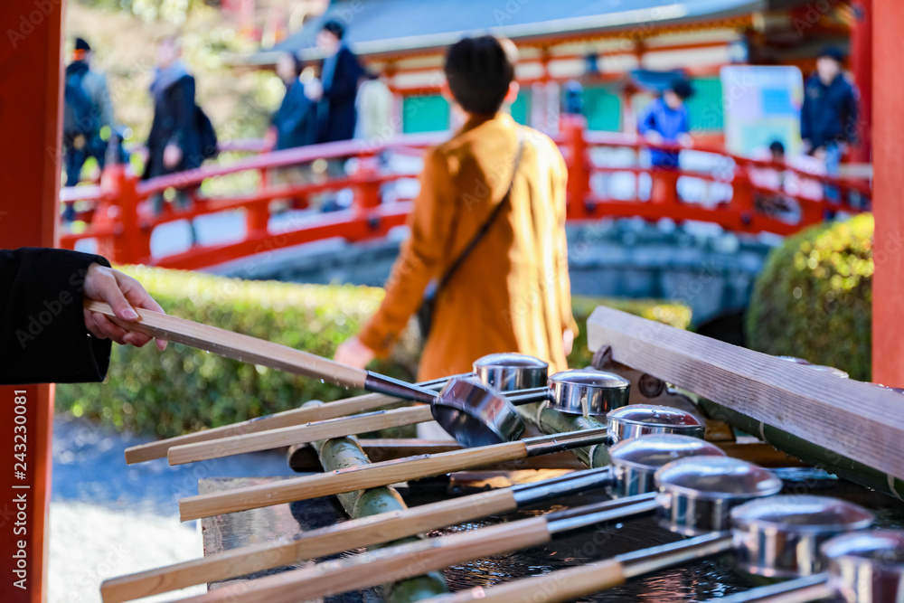 ladles in traditional Japanese shrine for Wash hands before enter the temple