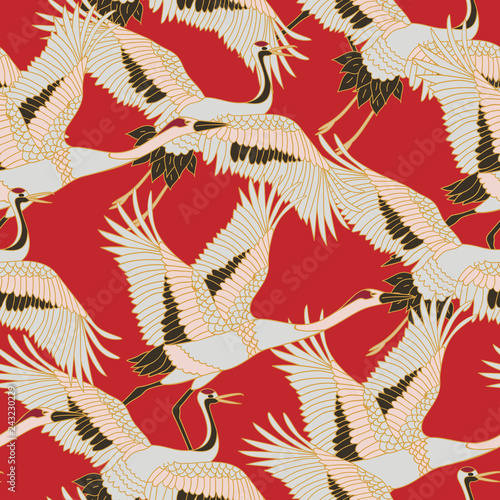 Japanese japanese stork or pattern. Oriental - japanese - seamless pattern. Crane, stork, heron. Flying heron bird. Red background.