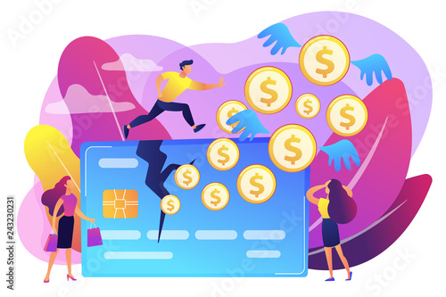 Businessman running on credit card and dollar coins with wings flying away. Overspending, financial stress cause, spend beyond the income concept. Bright vibrant violet vector isolated illustration