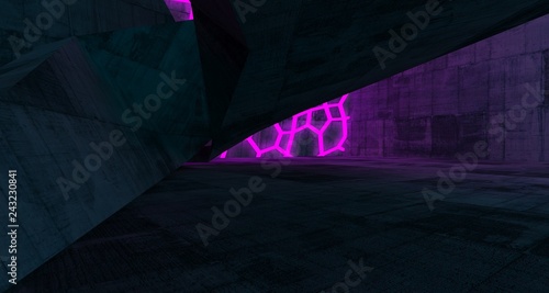 Abstract  Concrete Futuristic Sci-Fi interior With Pink And Blue Glowing Neon Tubes . 3D illustration and rendering.