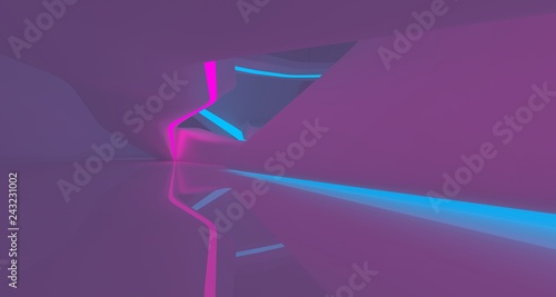 Abstract white Futuristic Sci-Fi interior With Pink And Blue Glowing Neon Tubes . 3D illustration and rendering.