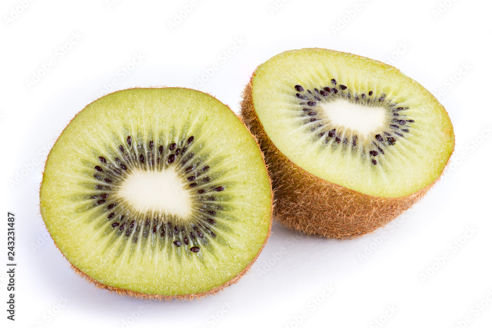Kiwi fruit whole and half on white background. Kiwi fruit whole and half on white background.