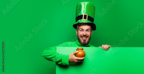 Lucky Patricks day. Happy St Patricks Day concept with pot of gold. Patricks board for Copy space. Patricks Day Pot of Gold and shamrocks. Banner or card. photo