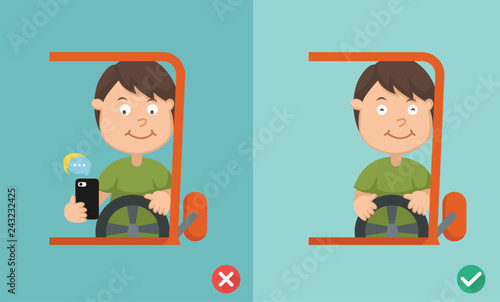 No texting ,No talking, Right and wrong ways riding to prevent car crashes.vector illustration