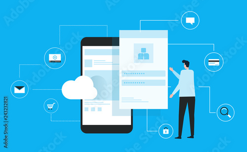 business man using mobile  connect to cloud  concept and flat vector design  for  technology internet cyber security concept