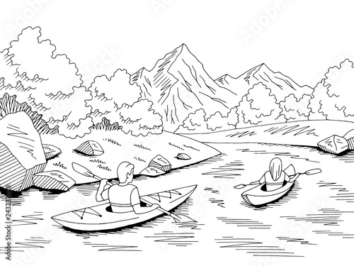Kayak boat travel graphic black white river landscape sketch illustration vector