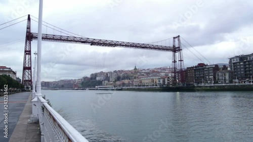 Detail of one tower and the cabin of the Bizkaia Bridge, Biscay, Basque Country, Spain. UNESCO world heritage site.