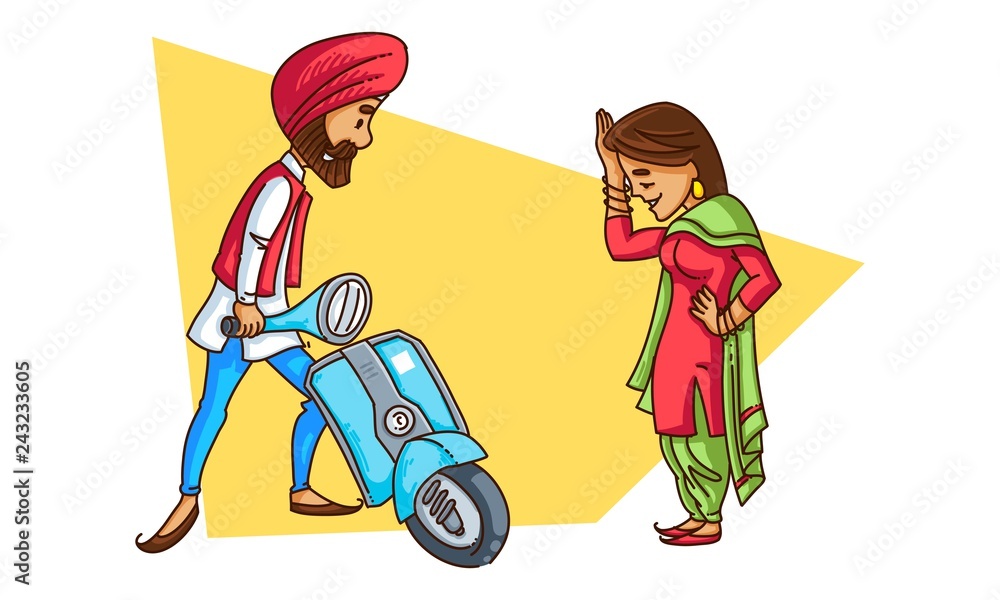 Vector cartoon illustration of a punjabi sardar starting his scooter with  his girlfriend standing besides him . Isolated on white background. Stock  Vector | Adobe Stock