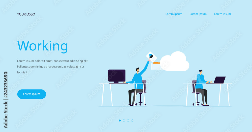 flat illustration web header design concept and  business team working  with cloud storage 
