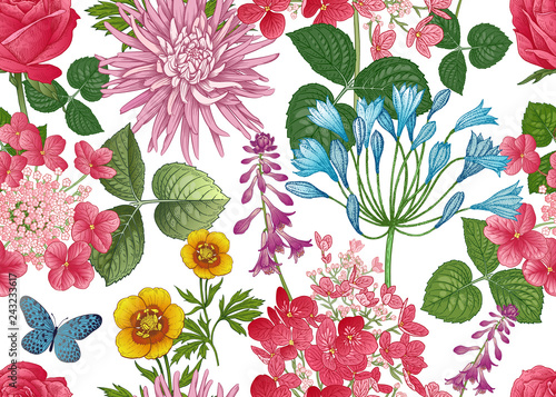 Seamless background with wild flowers. Floral pattern on white background.