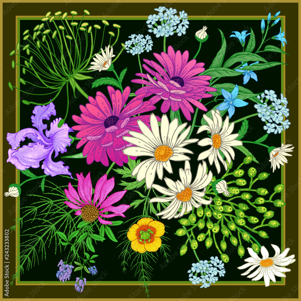 Obraz premium Flower pattern. Decoration with wildflowers in frame.