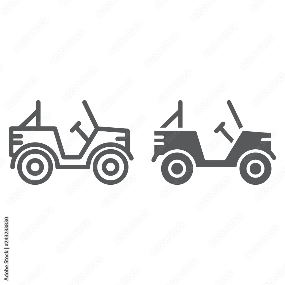 Military vehicle line and glyph icon, transport and army, car sign, vector graphics, a linear pattern on a white background.