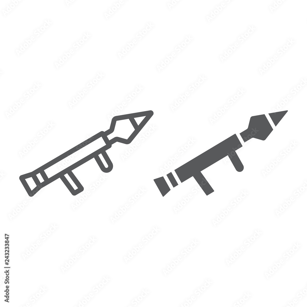 Rocket launcher line and glyph icon, firearm and grenade, weapon sign, vector graphics, a linear pattern on a white background. Rocket launcher line and glyph icon, firearm and grenade, weapon sign, vector graphics, a linear pattern on a white background.