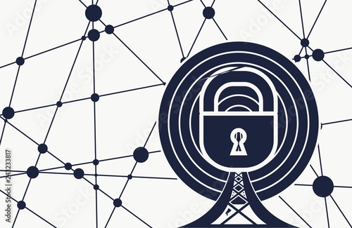 Wi Fi symbol and lock icon. Mobile gadgets technology relative image. Molecule and communication background. . Connected lines with dots. Cyber security concept.