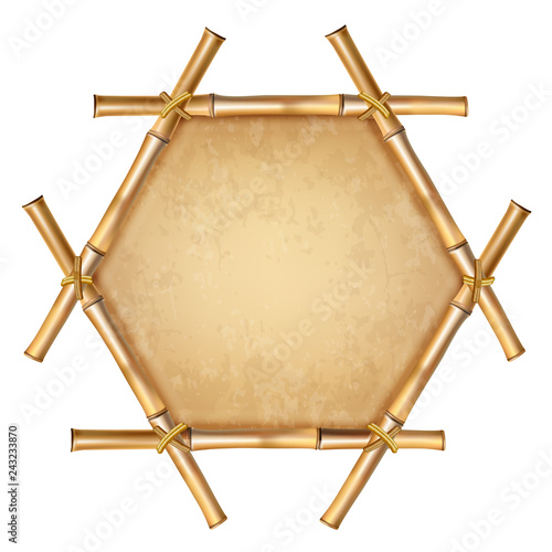 Hexagonal brown bamboo frame with rope and old paper copy space