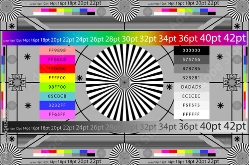Adjusting camera lens test target colour chart. Tv screen background. EPS 10