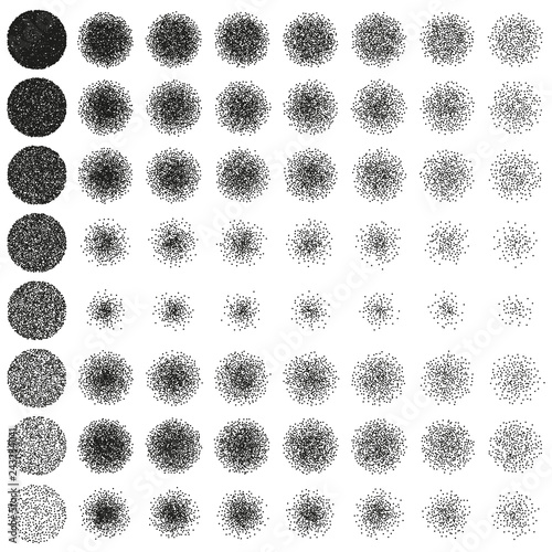 Set of round stipple object. Black and white grainy dotwork engraving retro brushes. EPS 10