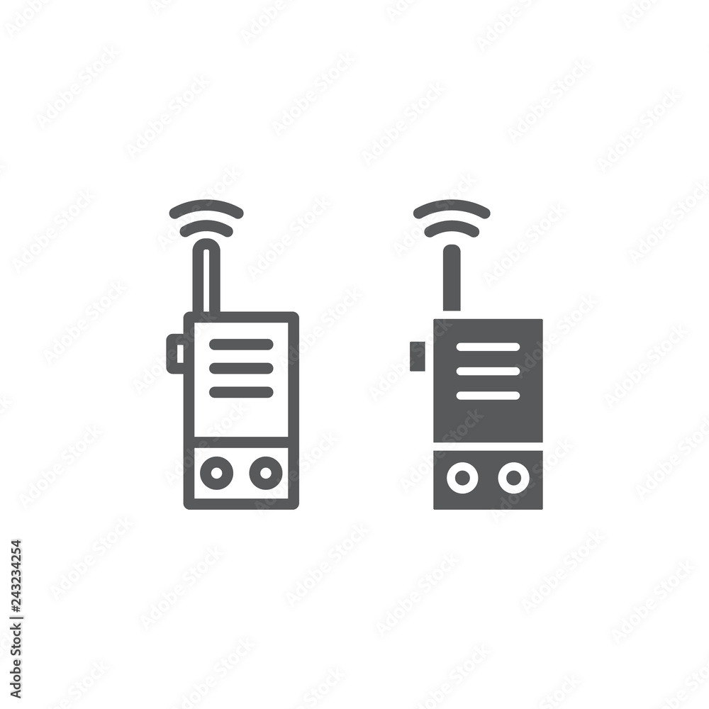 Walkie talkie line and glyph icon, security and communication, radio set sign, vector graphics, a linear pattern on a white background. Walkie talkie line and glyph icon, security and communication, radio set sign, vector graphics, a linear pattern on a white background.