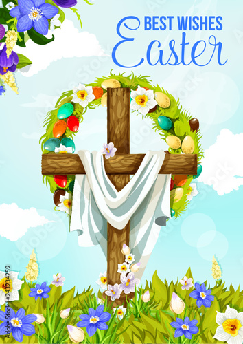 Easter cross greeting banner with egg and flower