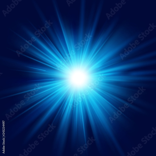 Deep blue glow star burst flare explosion transparent light effect. EPS 10