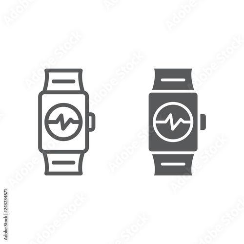 Smart watch line and glyph icon, clock and digital, gadget sign, vector graphics, a linear pattern on a white background.