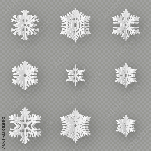 Set of nine different paper snowflake cut from paper isolated on transparent background. Merry Christmas  New Year winter theme decoration object. EPS 10