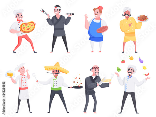 Set of professional cooks from different countries isolated on white background. Chefs working. Vector illustration