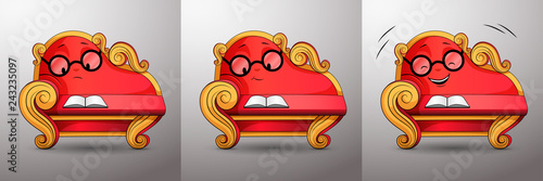 Red sofa reading book. Living character spectacled