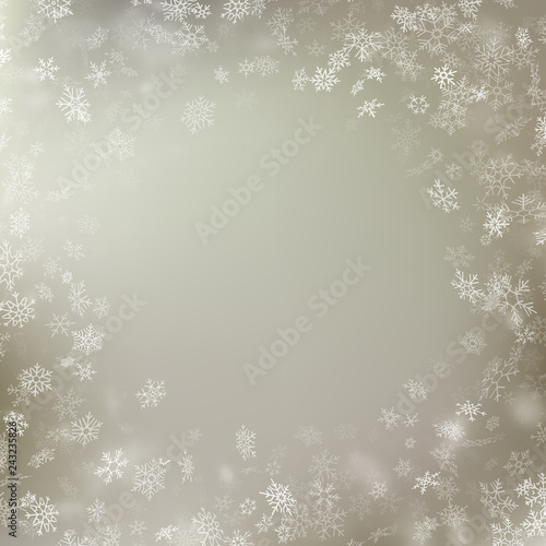Delicate winter snow background with snow flakes. Beautiful Christmas and New Year template. EPS 10