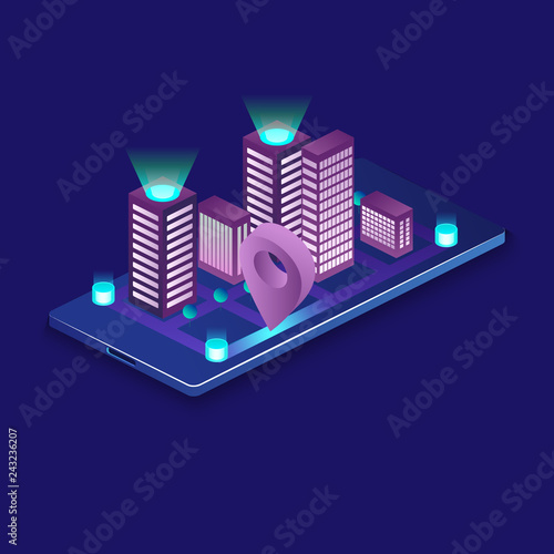 Smart city or intelligent building isometric vector concept. Building automation with computer networking illustration. Management system or BAS thematical background.