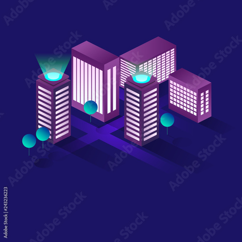 Smart city or intelligent building isometric vector concept. Building automation with computer networking illustration. Management system or BAS thematical background. IoT platform