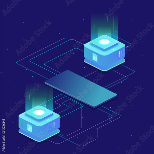 Digital science concept, server room, cloud storage, data exchange, computer memory, abstract lighting isometric
