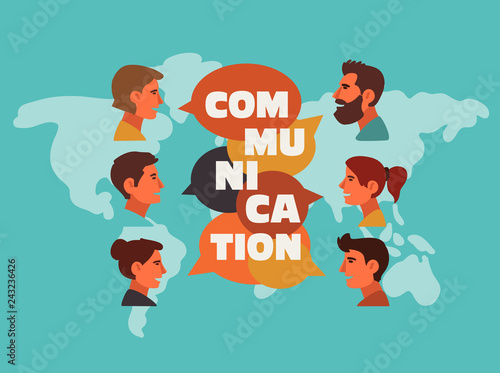 Group of happy smiling young people speaking together. Male and female faces avatars in modern design style. Communication, teamwork, assistance and connection vector concept 