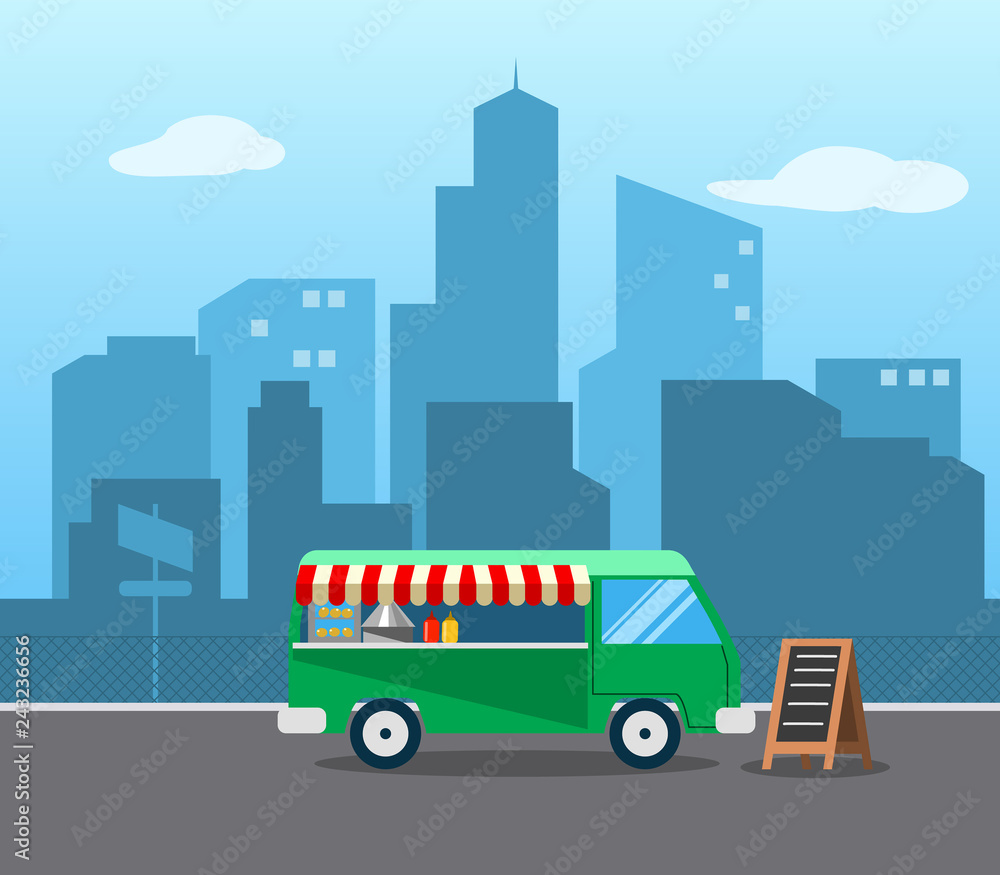 Flat Food Truck In The City