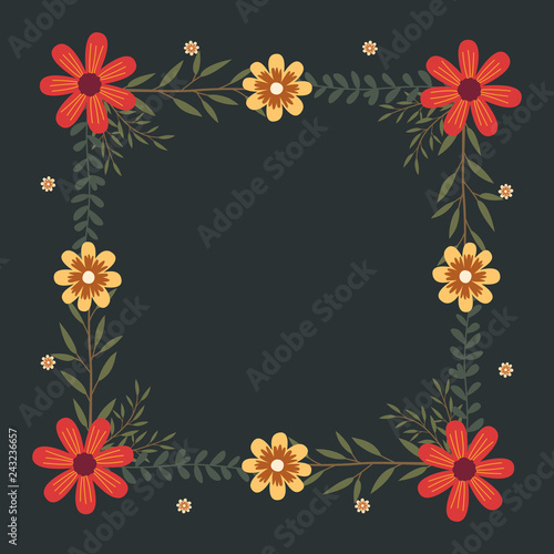 Floral greeting card and invitation template for wedding or birthday anniversary, Vector square shape of text box label and frame, Night flowers wreath ivy style with branch and leaves.