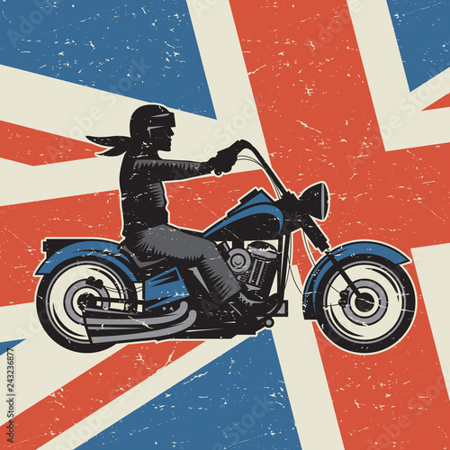 Vintage motorcycle on United Kingdom flag background
