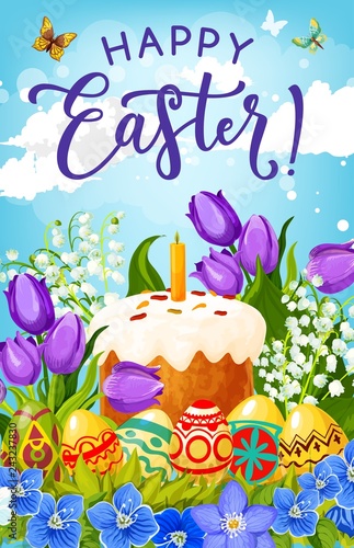 Easter cake, eggs and flowers. Religious holiday