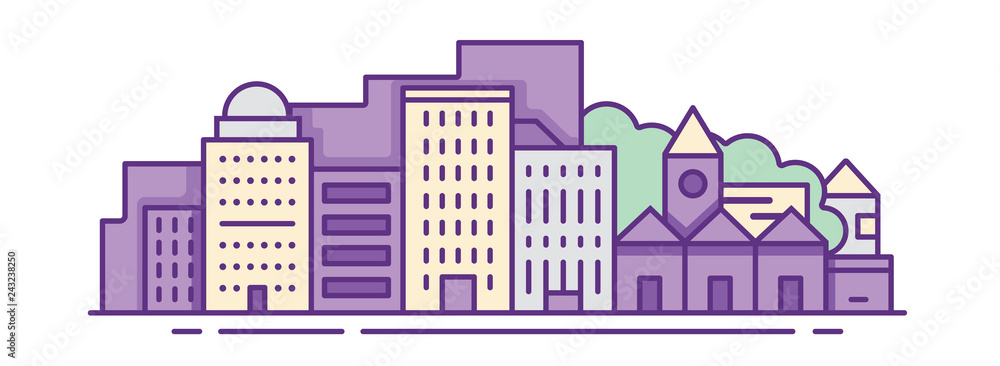 Modern vector illustration of urban landscape. Flat design city. Set of buildings. Creative background. Panorama Modern vector illustration of urban landscape. Flat design city. Set of buildings. Creative background. Panorama