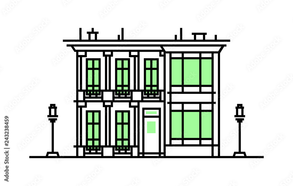 Old house. American style. Flat design style. Outline stroke icon. Building illustration Old house. American style. Flat design style. Outline stroke icon. Building illustration