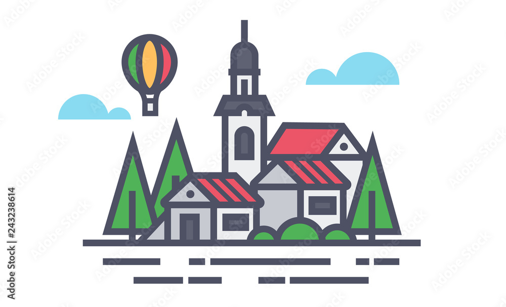 Simple village landscape. Flat design style. Balloon in the sky. Small town.
