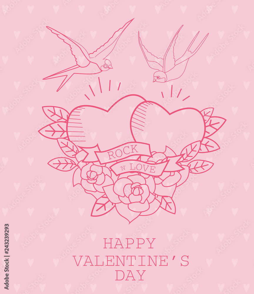 Happy Valentine's Day card with old school tattoo style. Editable vector illustration